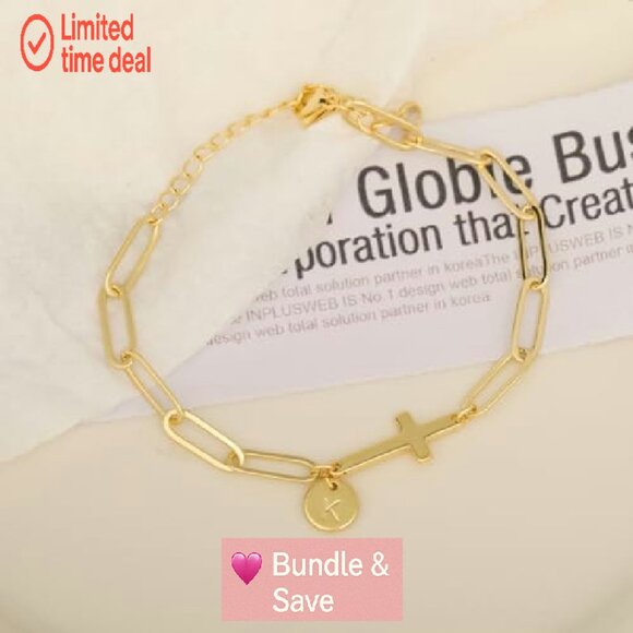 14K Gold-Plated Dainty Initial Cross Bracelet, Adjustable Paperclip Chain - Picture 7 of 8